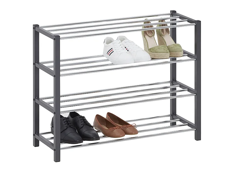 Etagère à chaussures DUBLIN rangement porte-chaussures avec 4 niveaux pour 16 paires en métal chromé et laqué gris