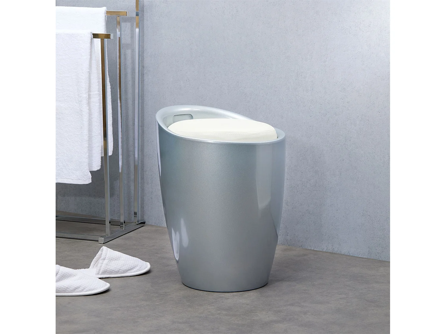 Tabouret DANIEL pouf rond coffre de rangement panier à linge siège avec assise rembourrée blanc, structure en plastique gris