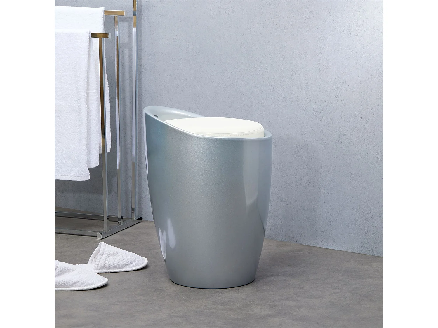 Tabouret DANIEL pouf rond coffre de rangement panier à linge siège avec assise rembourrée blanc, structure en plastique gris