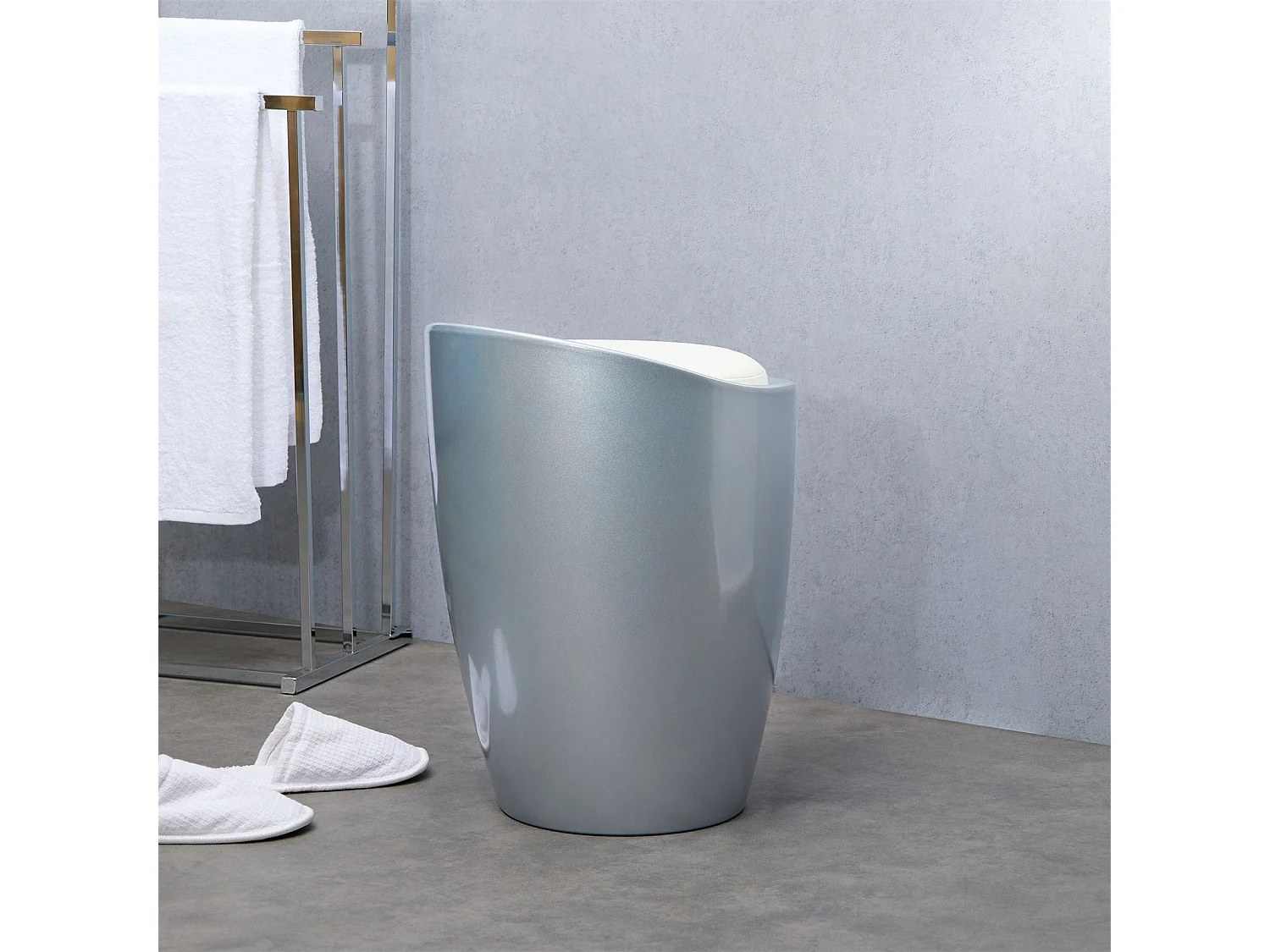 Tabouret DANIEL pouf rond coffre de rangement panier à linge siège avec assise rembourrée blanc, structure en plastique gris