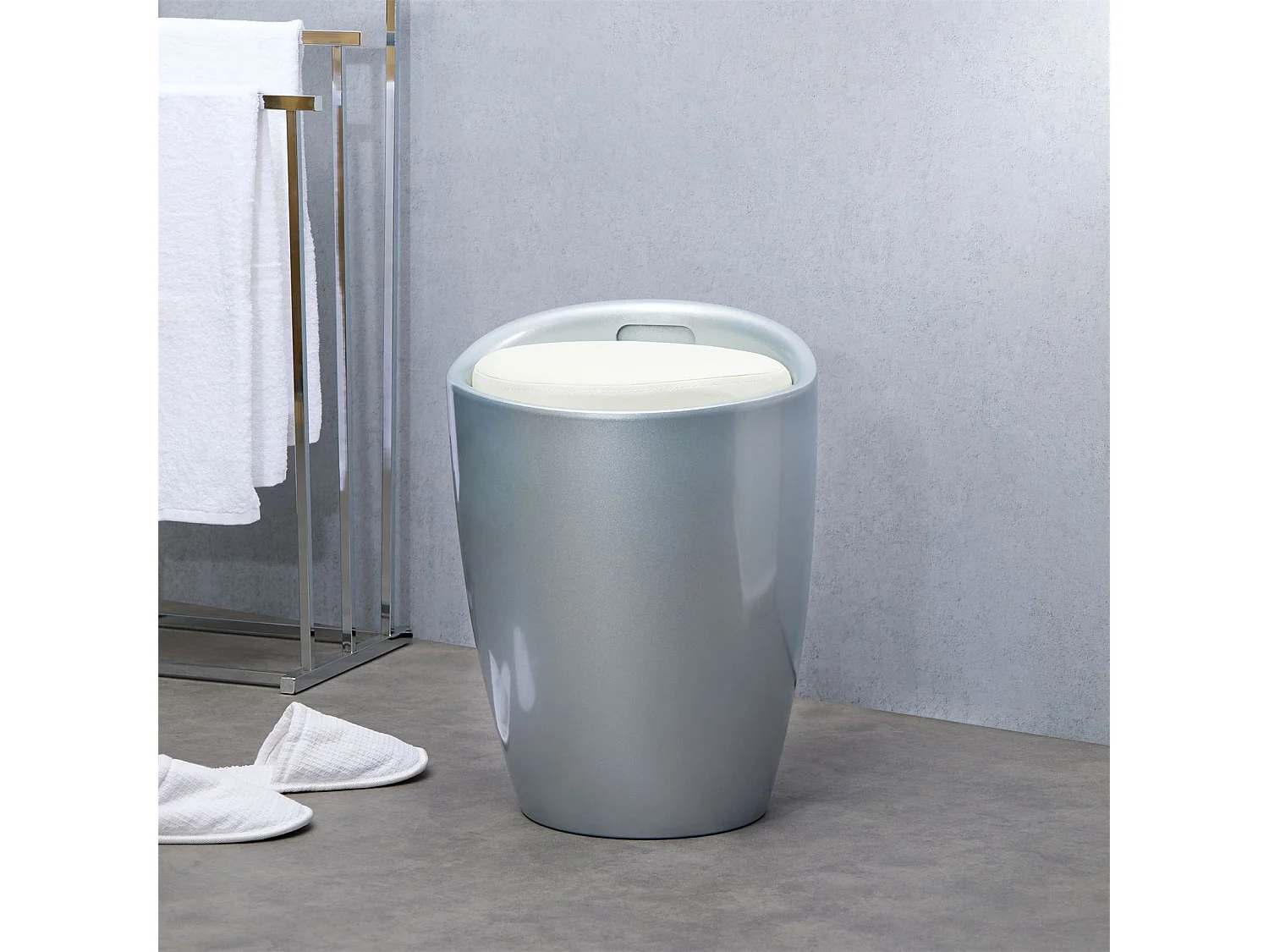 Tabouret DANIEL pouf rond coffre de rangement panier à linge siège avec assise rembourrée blanc, structure en plastique gris