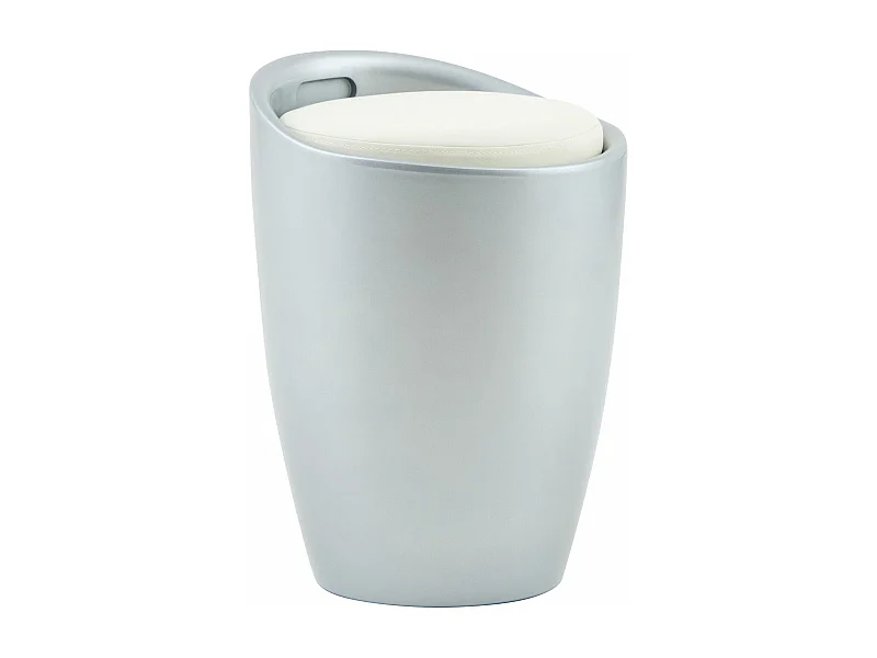 Tabouret DANIEL pouf rond coffre de rangement panier à linge siège avec assise rembourrée blanc, structure en plastique gris