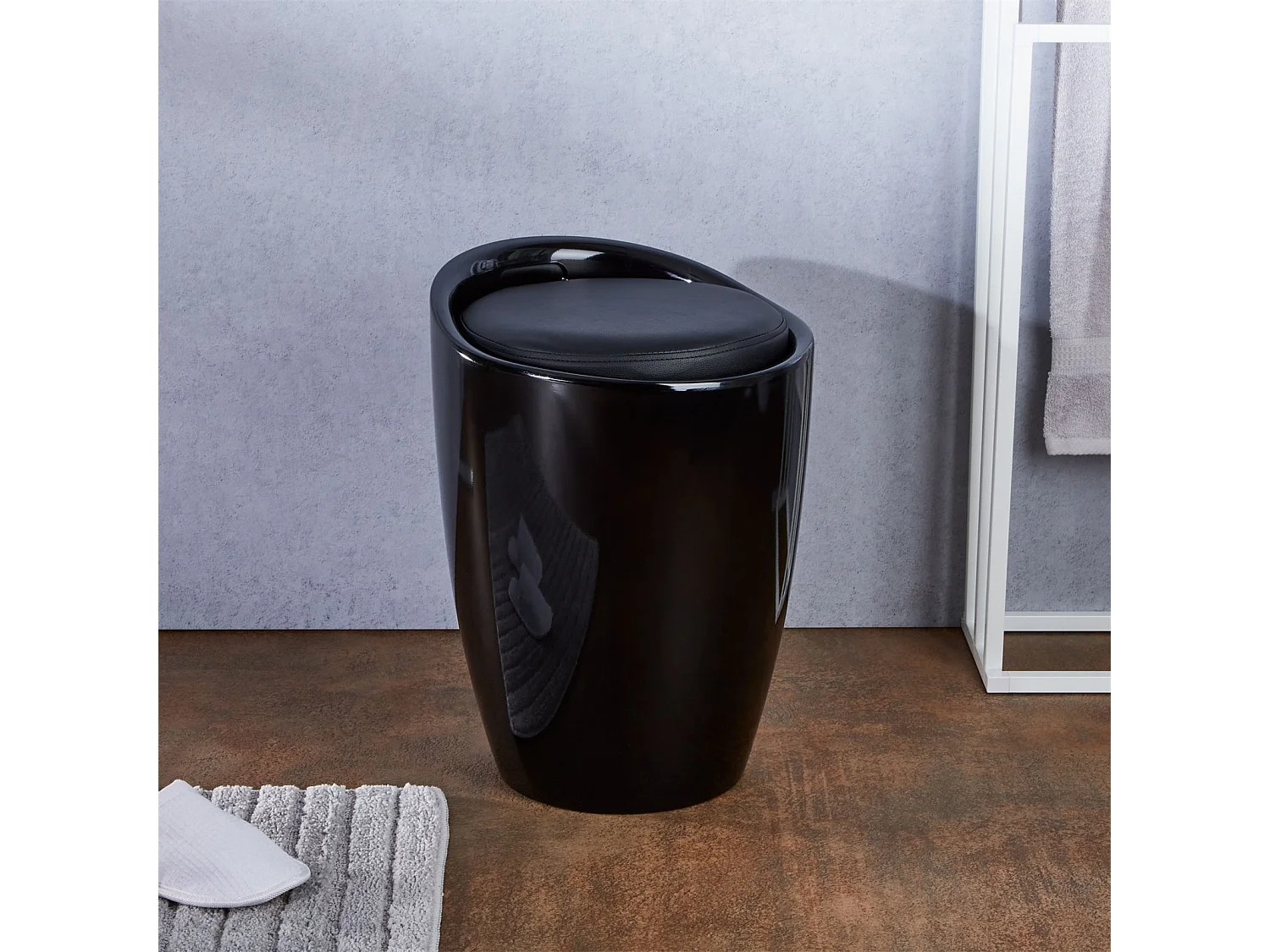 Tabouret DANIEL pouf rond coffre de rangement panier à linge siège avec assise rembourrée noir, structure en plastique noir