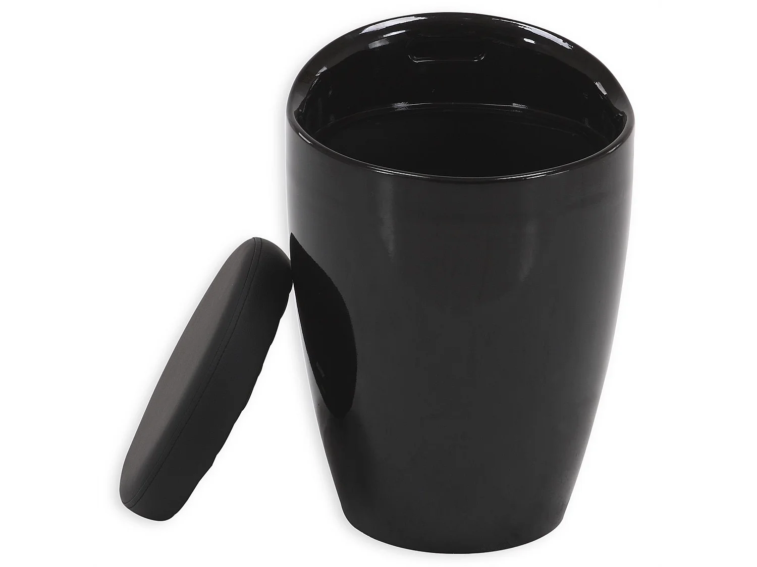 Tabouret DANIEL pouf rond coffre de rangement panier à linge siège avec assise rembourrée noir, structure en plastique noir