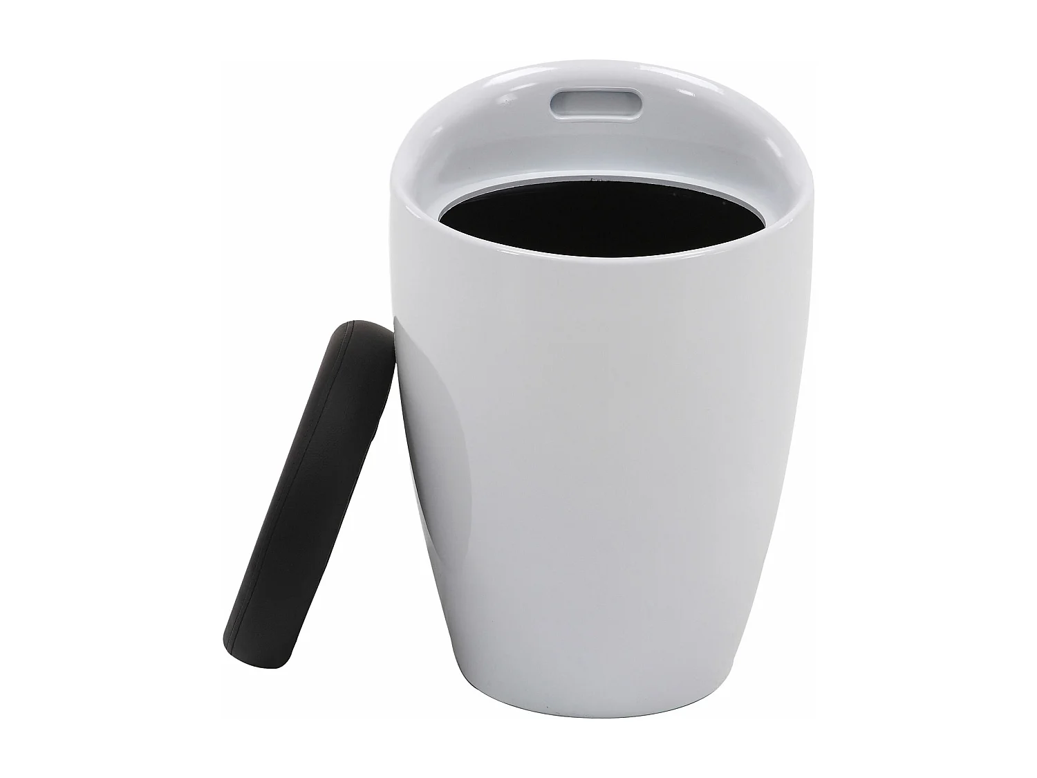 Tabouret DANIEL pouf rond coffre de rangement panier à linge siège avec assise rembourrée noir, structure en plastique blanc