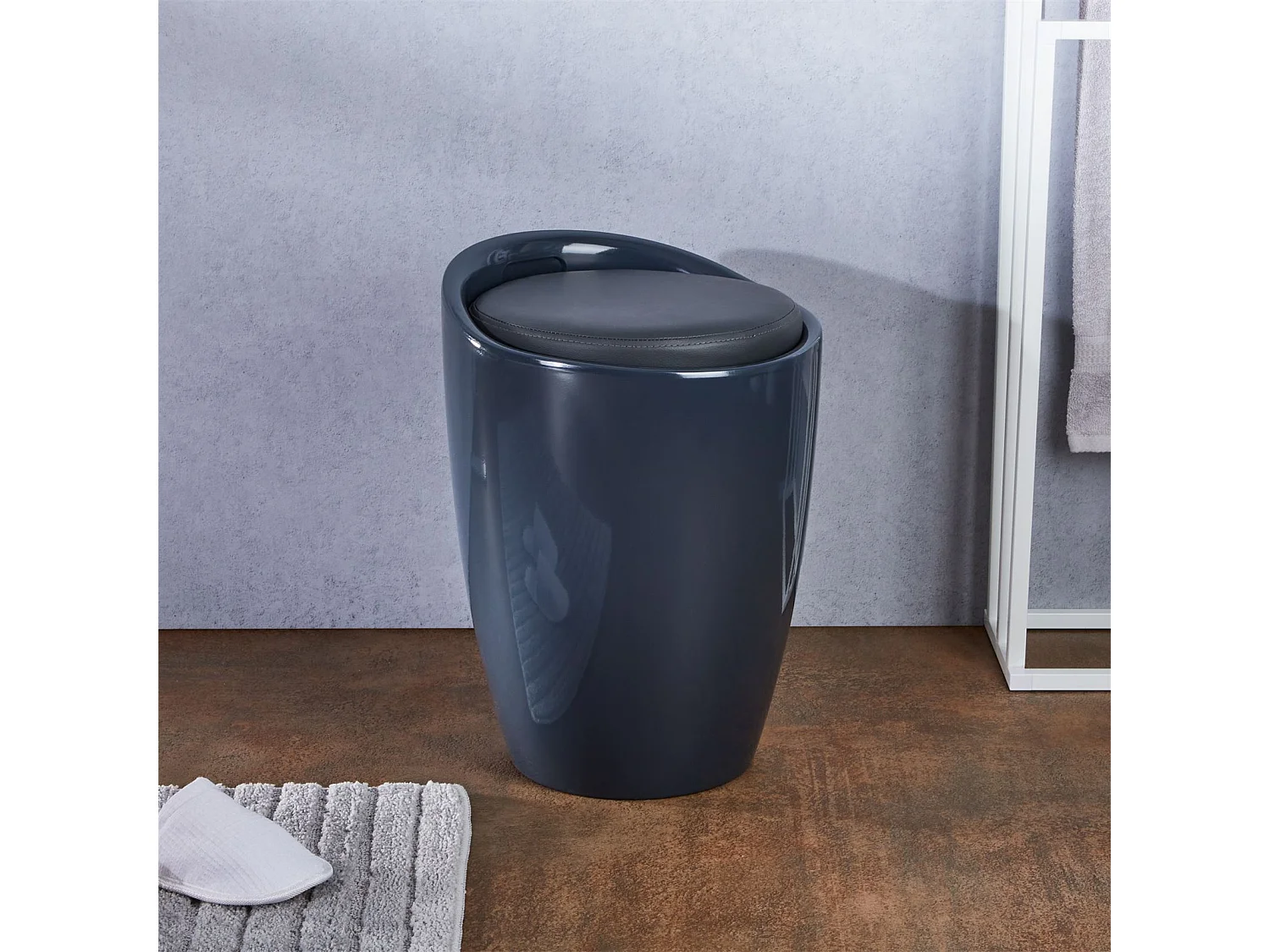 Tabouret DANIEL pouf rond coffre de rangement panier à linge siège avec assise rembourrée gris, structure en plastique gris