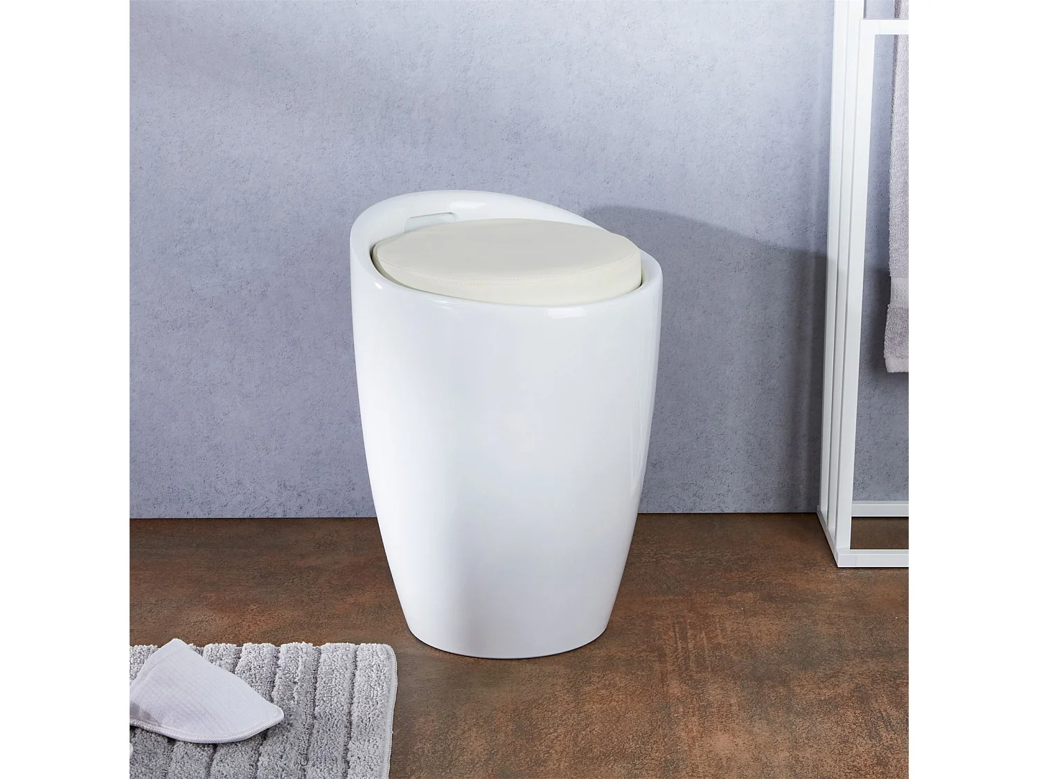 Tabouret DANIEL pouf rond coffre de rangement panier à linge siège avec assise rembourrée blanc, structure en plastique blanc