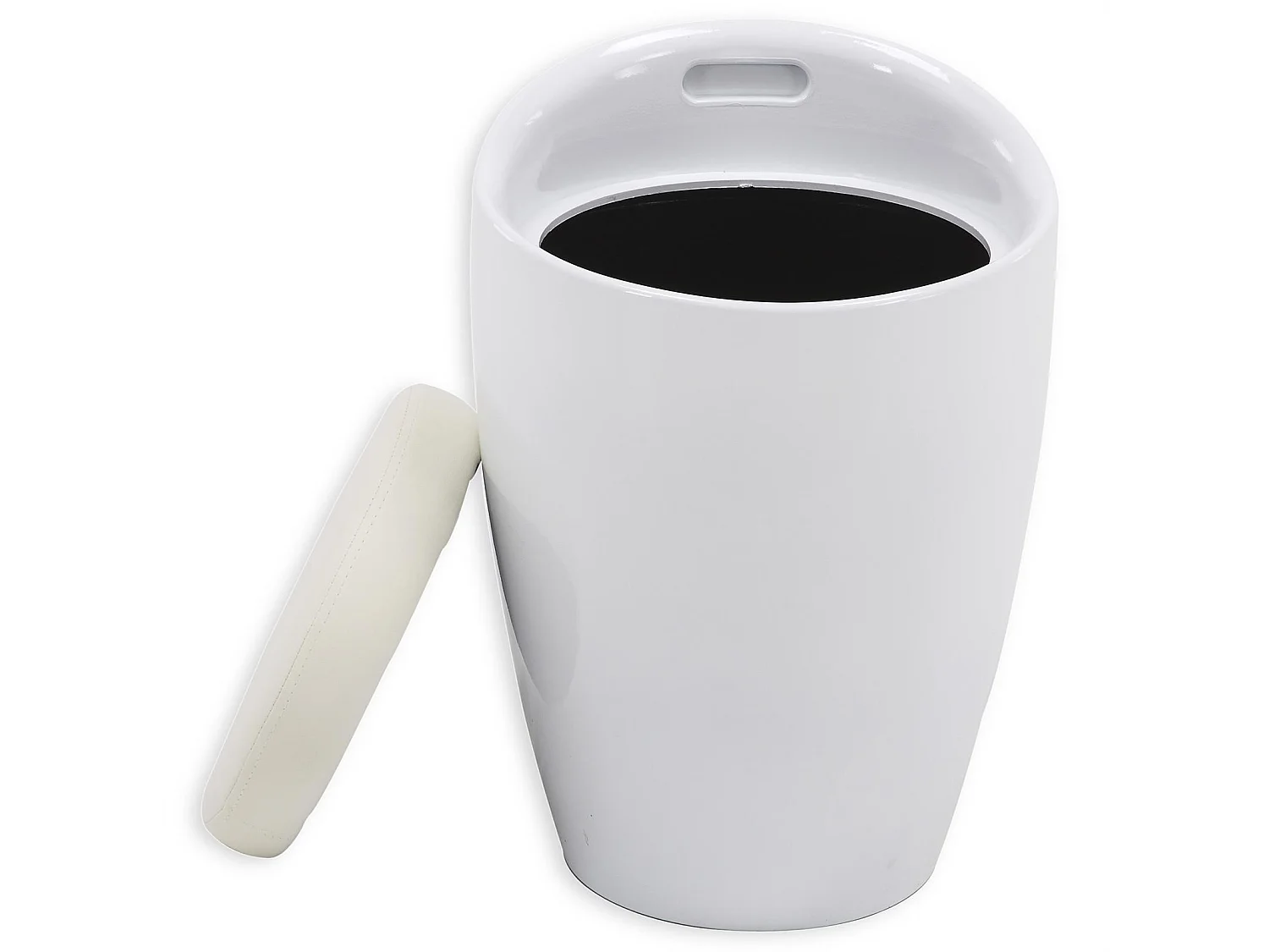 Tabouret DANIEL pouf rond coffre de rangement panier à linge siège avec assise rembourrée blanc, structure en plastique blanc