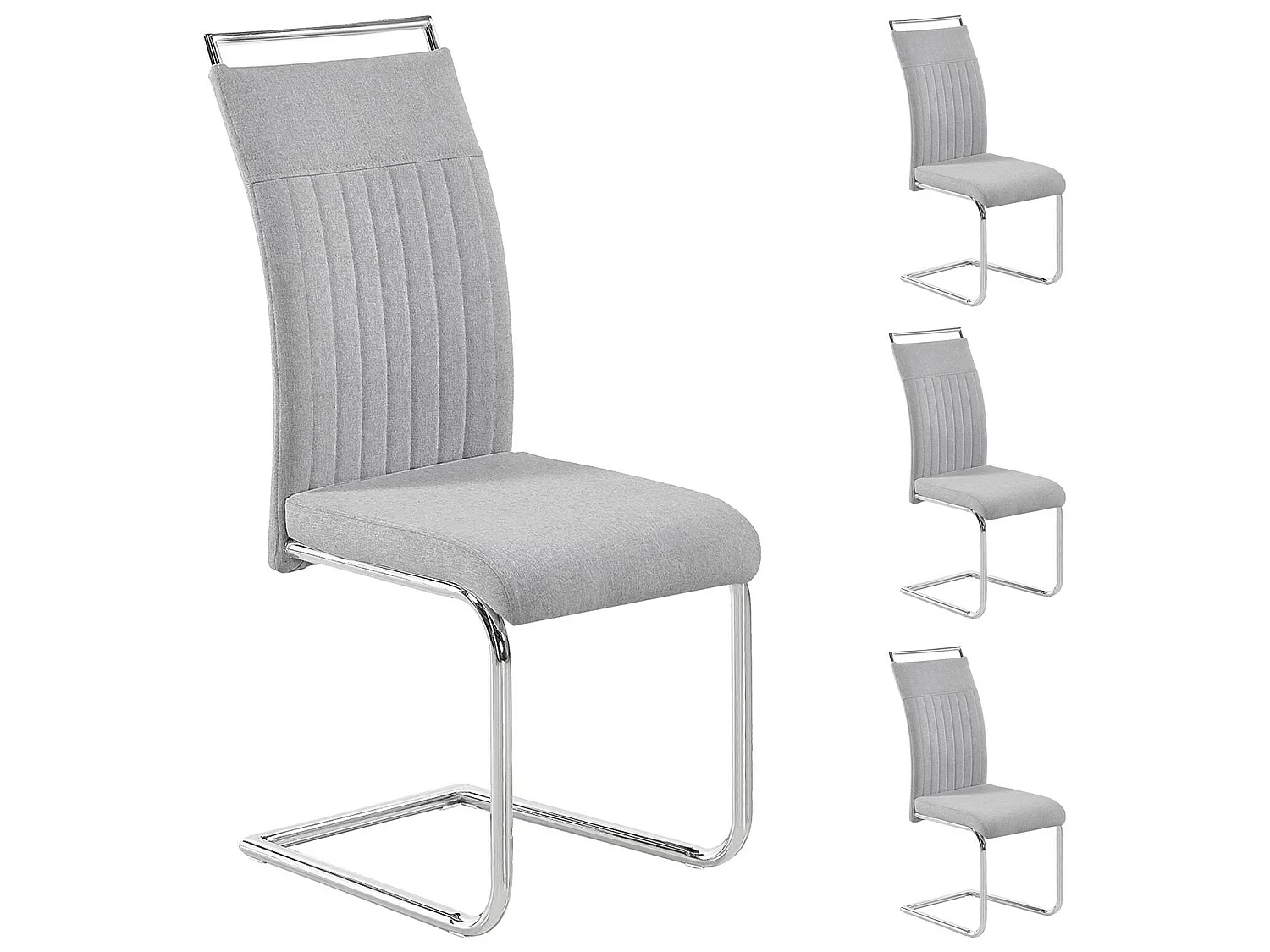 Lot de 4 chaises de salle à manger ou cuisine ERICA avec assise rembourrée poignée et piètement chromé, revêtement tissu gris clair