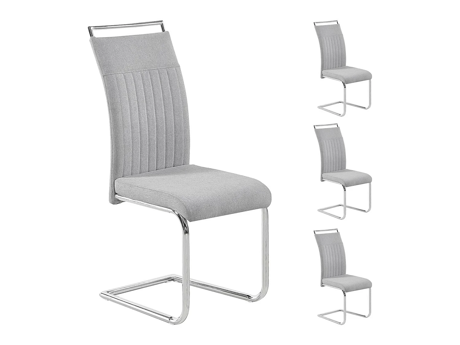 Lot de 4 chaises de salle à manger ou cuisine ERICA avec assise rembourrée poignée et piètement chromé, revêtement tissu gris clair