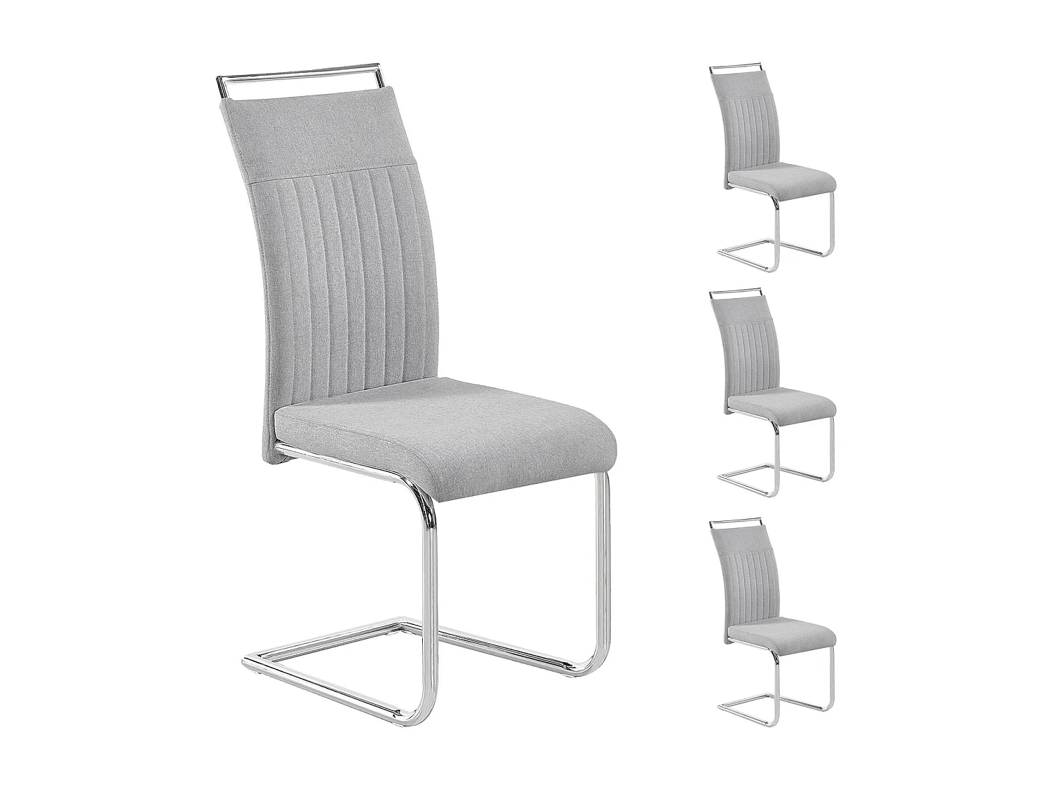 Lot de 4 chaises de salle à manger ou cuisine ERICA avec assise rembourrée poignée et piètement chromé, revêtement tissu gris clair