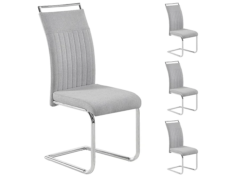 Lot de 4 chaises de salle à manger ou cuisine ERICA avec assise rembourrée poignée et piètement chromé, revêtement tissu gris clair