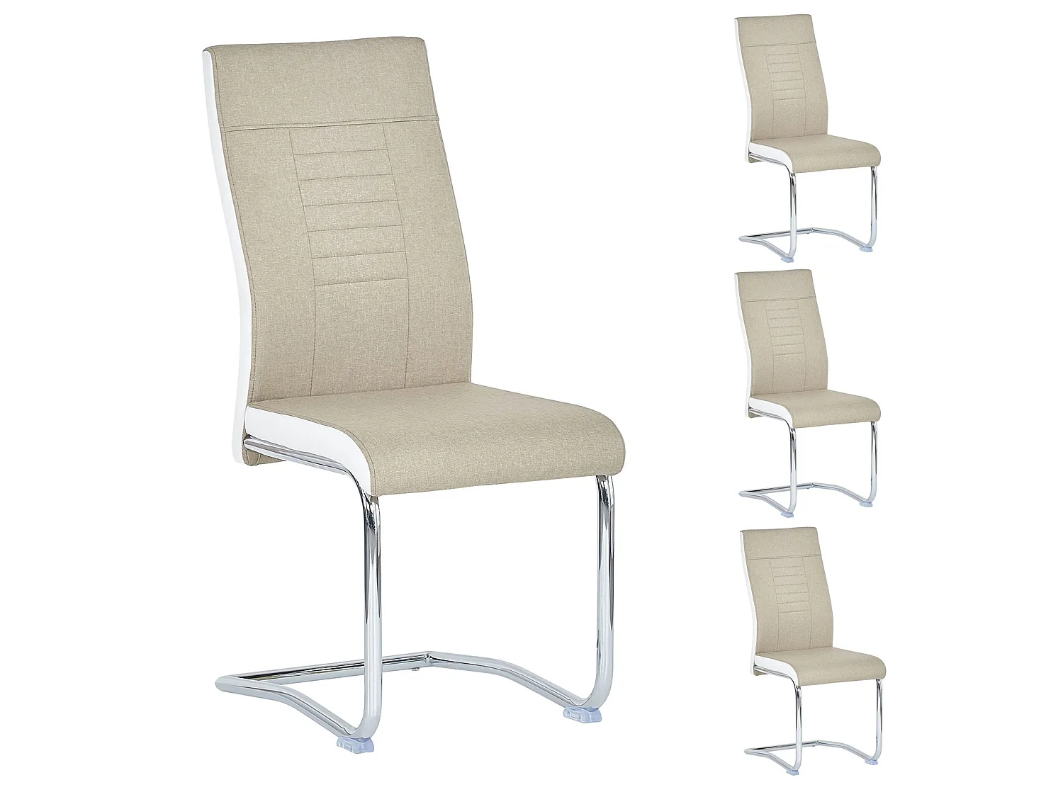 Lot de 4 chaises de salle à manger ou cuisine ALBA avec assise rembourrée et piètement chromé, revêtement en tissu beige et blanc