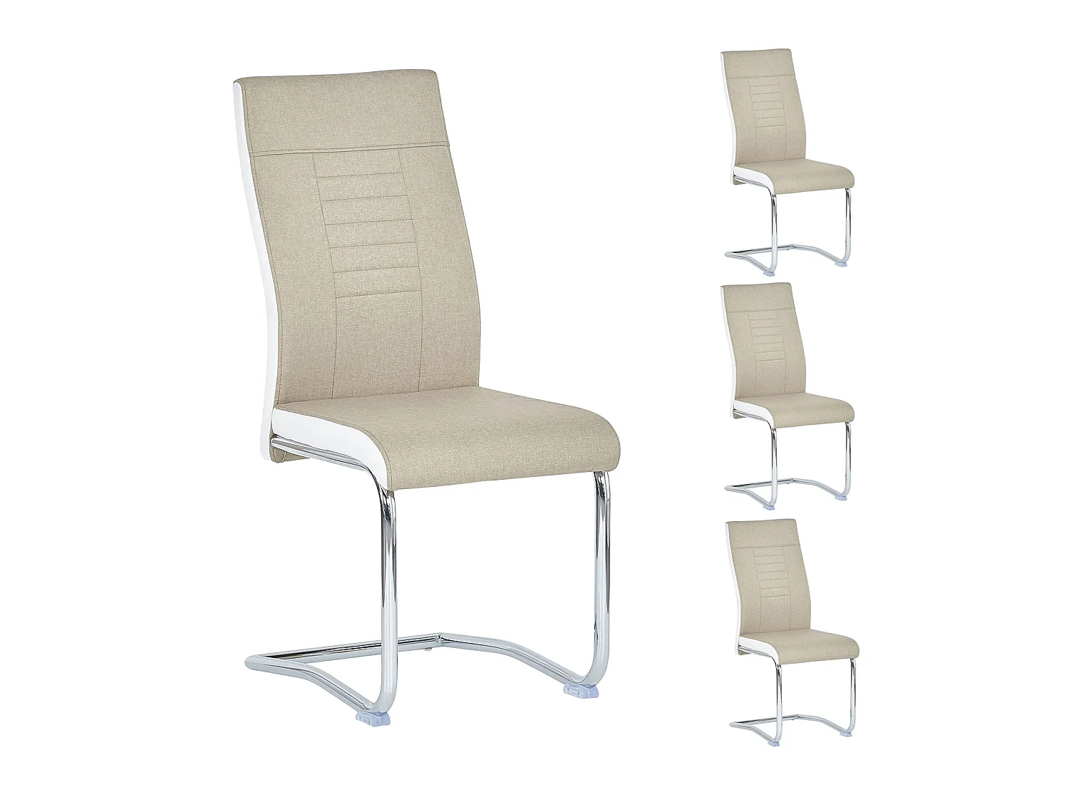 Lot de 4 chaises de salle à manger ou cuisine ALBA avec assise rembourrée et piètement chromé, revêtement en tissu beige et blanc