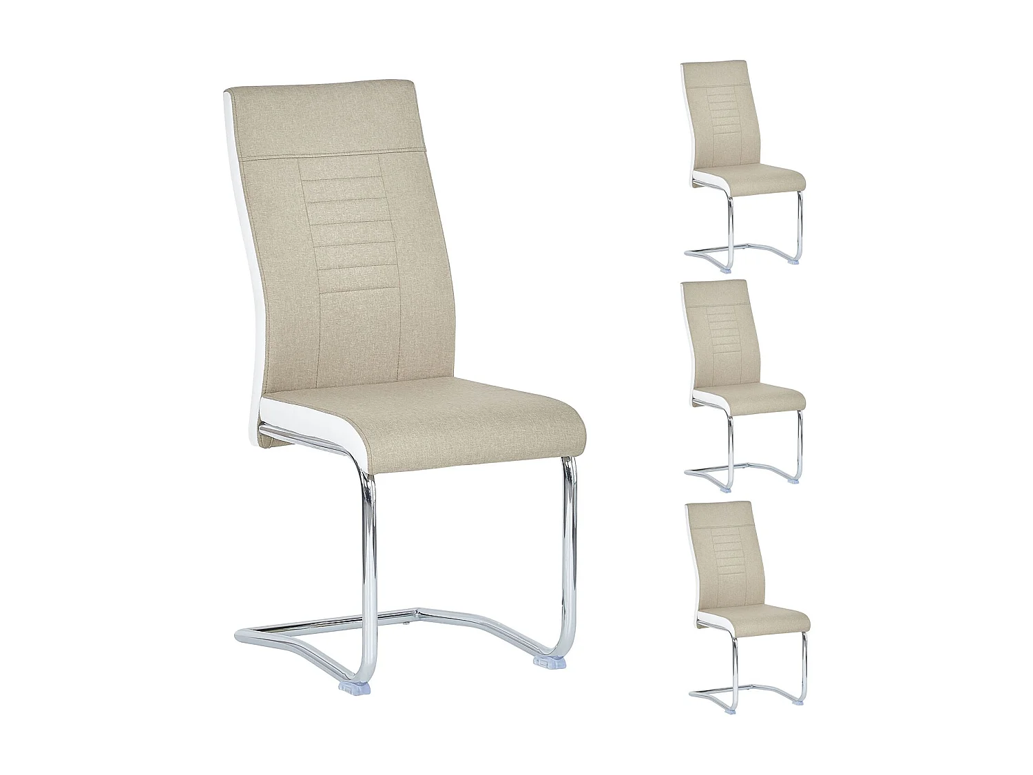 Lot de 4 chaises de salle à manger ou cuisine ALBA avec assise rembourrée et piètement chromé, revêtement en tissu beige et blanc