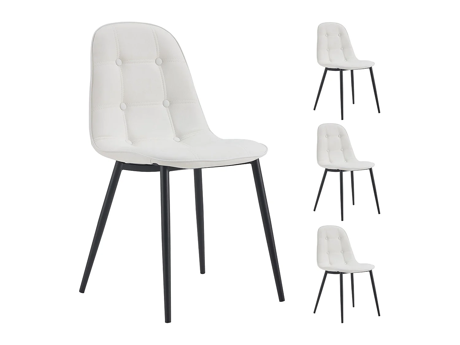 Lot de 4 chaises ALVARO pour salle à manger ou cuisine avec 4 pieds en métal noir et assise capitonnée, revêtement synthétique blanc