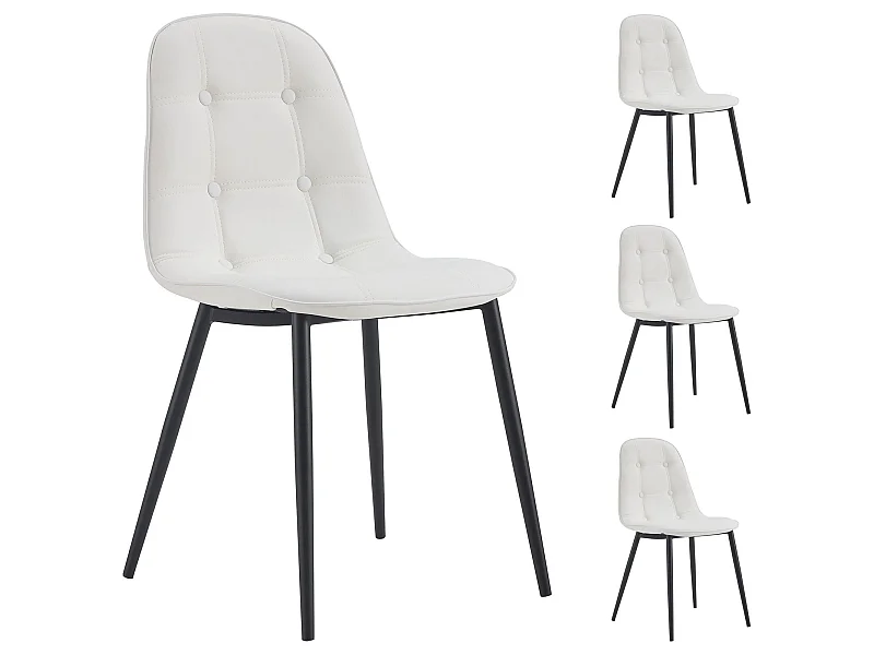 Lot de 4 chaises ALVARO pour salle à manger ou cuisine avec 4 pieds en métal noir et assise capitonnée, revêtement synthétique blanc