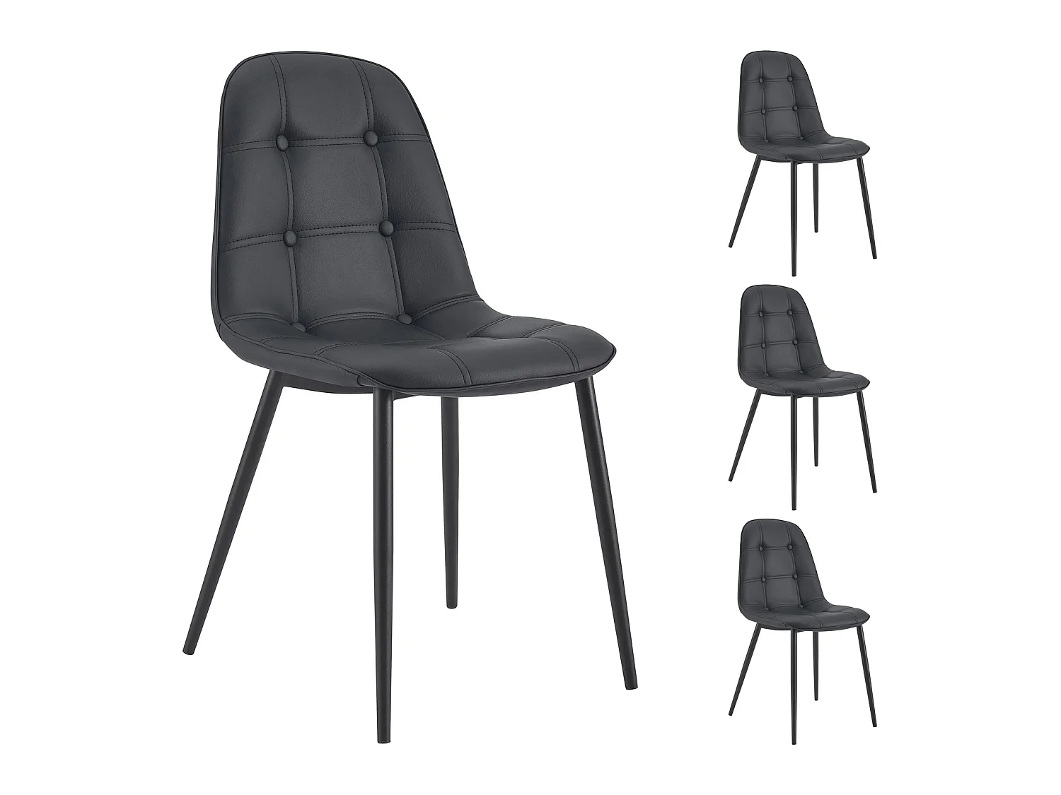 Lot de 4 chaises ALVARO pour salle à manger ou cuisine avec 4 pieds en métal noir et assise capitonnée, revêtement synthétique noir