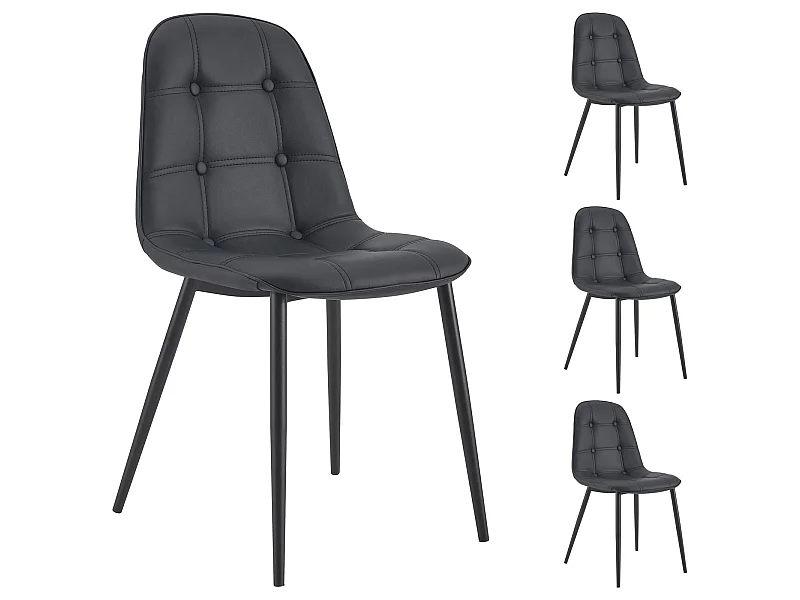 Lot de 4 chaises ALVARO pour salle à manger ou cuisine avec 4 pieds en métal noir et assise capitonnée, revêtement synthétique noir