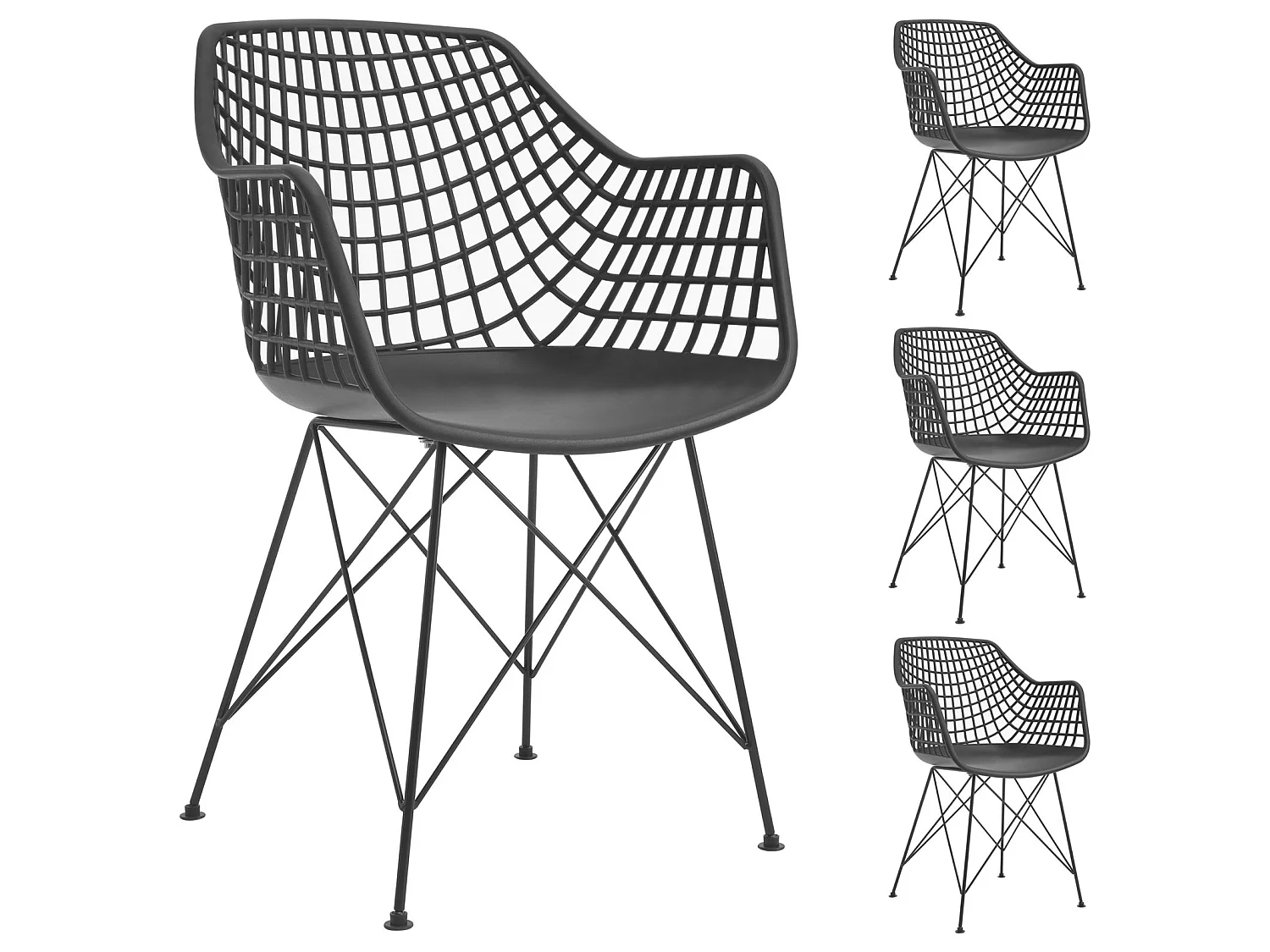 Lot de 4 chaises ALICANTE pour salle à manger ou cuisine design retro avec accoudoirs coque en plastique noir et 4 pieds croisé noir