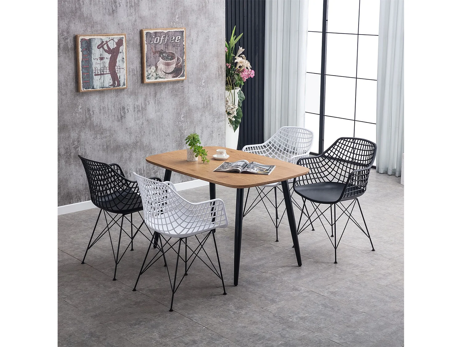Lot de 4 chaises ALICANTE pour salle à manger ou cuisine design retro avec accoudoirs coque en plastique noir et 4 pieds croisé noir