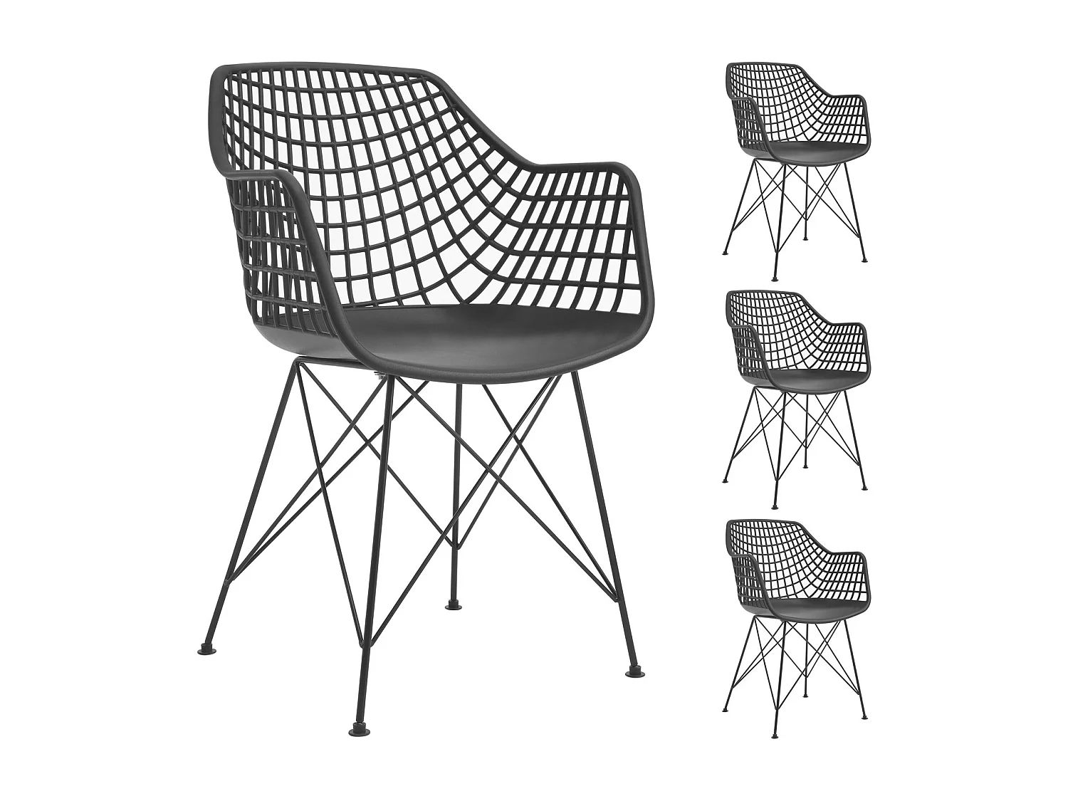 Lot de 4 chaises ALICANTE pour salle à manger ou cuisine design retro avec accoudoirs coque en plastique noir et 4 pieds croisé noir