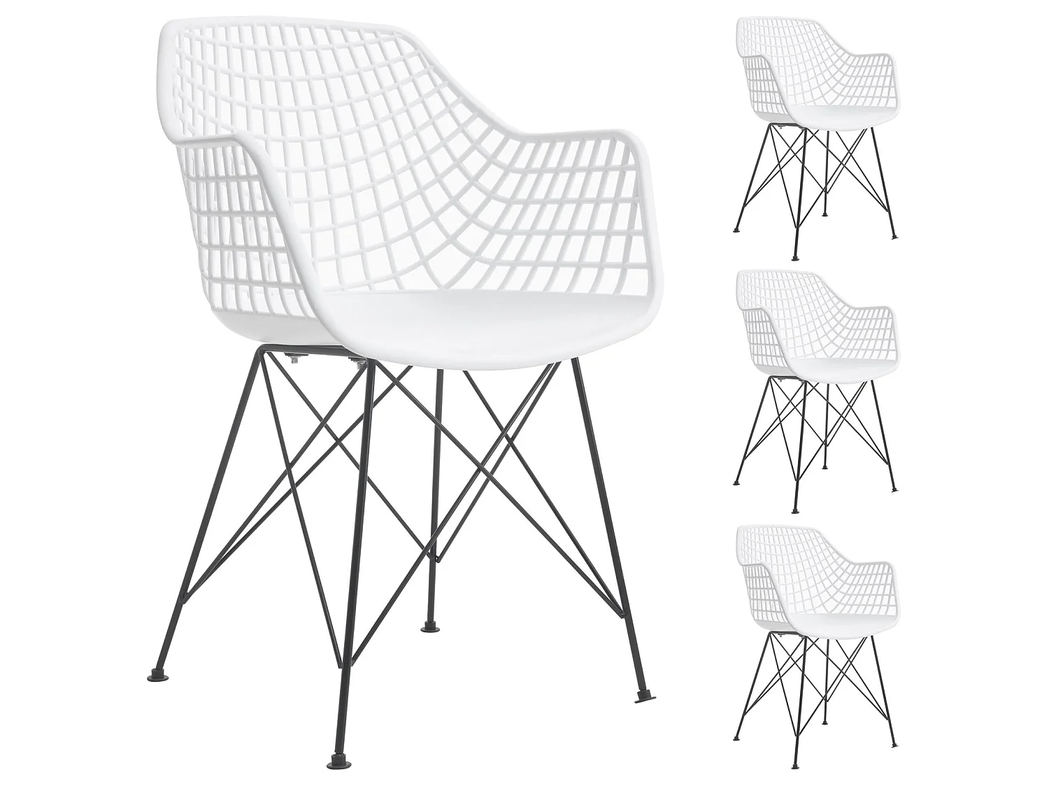 Lot de 4 chaises ALICANTE pour salle à manger ou cuisine design retro avec accoudoirs coque plastique blanc et 4 pieds croisé noir