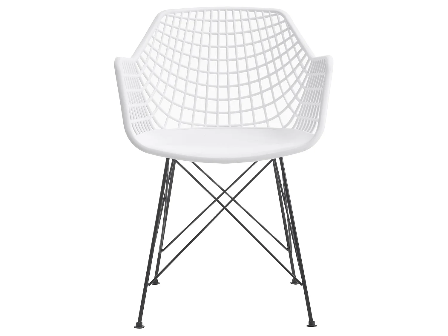 Lot de 4 chaises ALICANTE pour salle à manger ou cuisine design retro avec accoudoirs coque plastique blanc et 4 pieds croisé noir