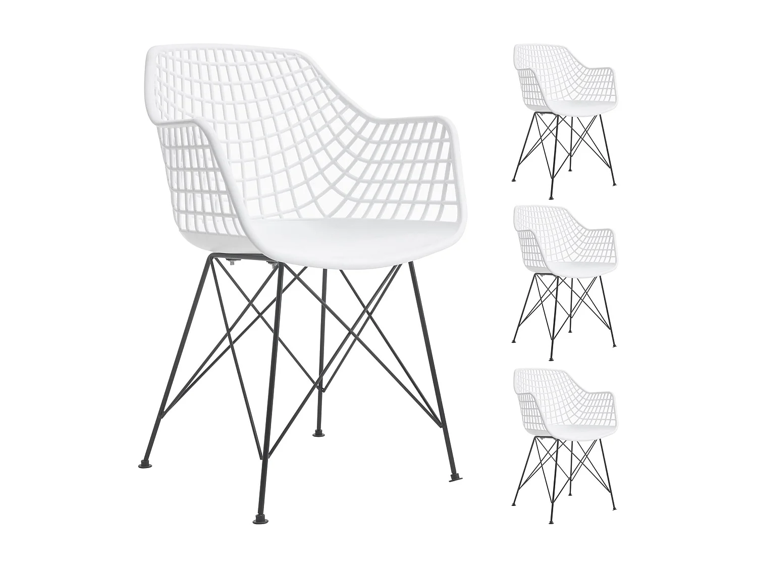 Lot de 4 chaises ALICANTE pour salle à manger ou cuisine design retro avec accoudoirs coque plastique blanc et 4 pieds croisé noir