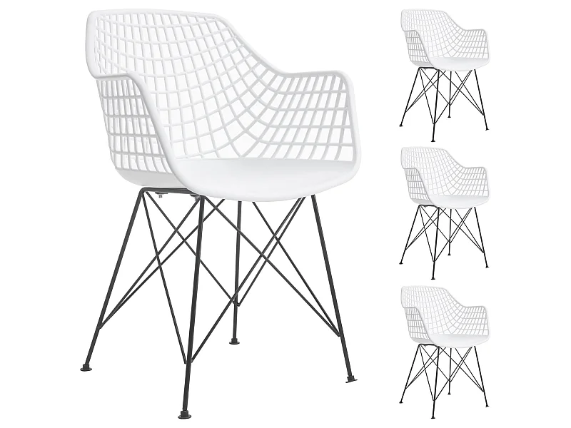 Lot de 4 chaises ALICANTE pour salle à manger ou cuisine design retro avec accoudoirs coque plastique blanc et 4 pieds croisé noir