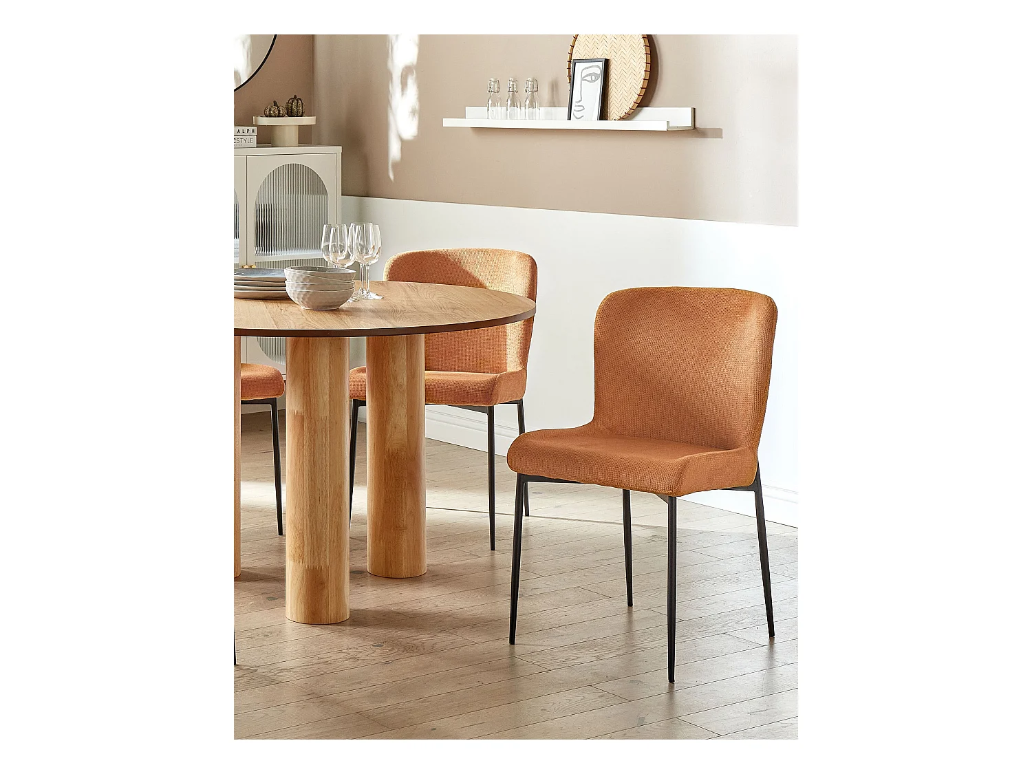 Esszimmerstuhl 2er Set Stoffbezug orange gestrickt Metallbeine schwarz Ada