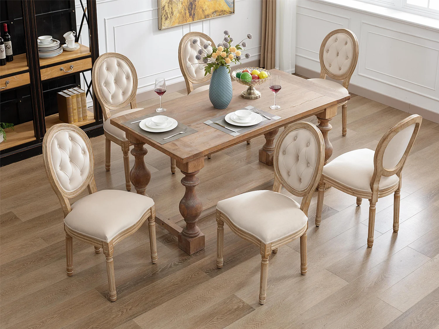 Lot de 6 chaises en velours avec boutons capitonnés - cadre en bois massif - Beige