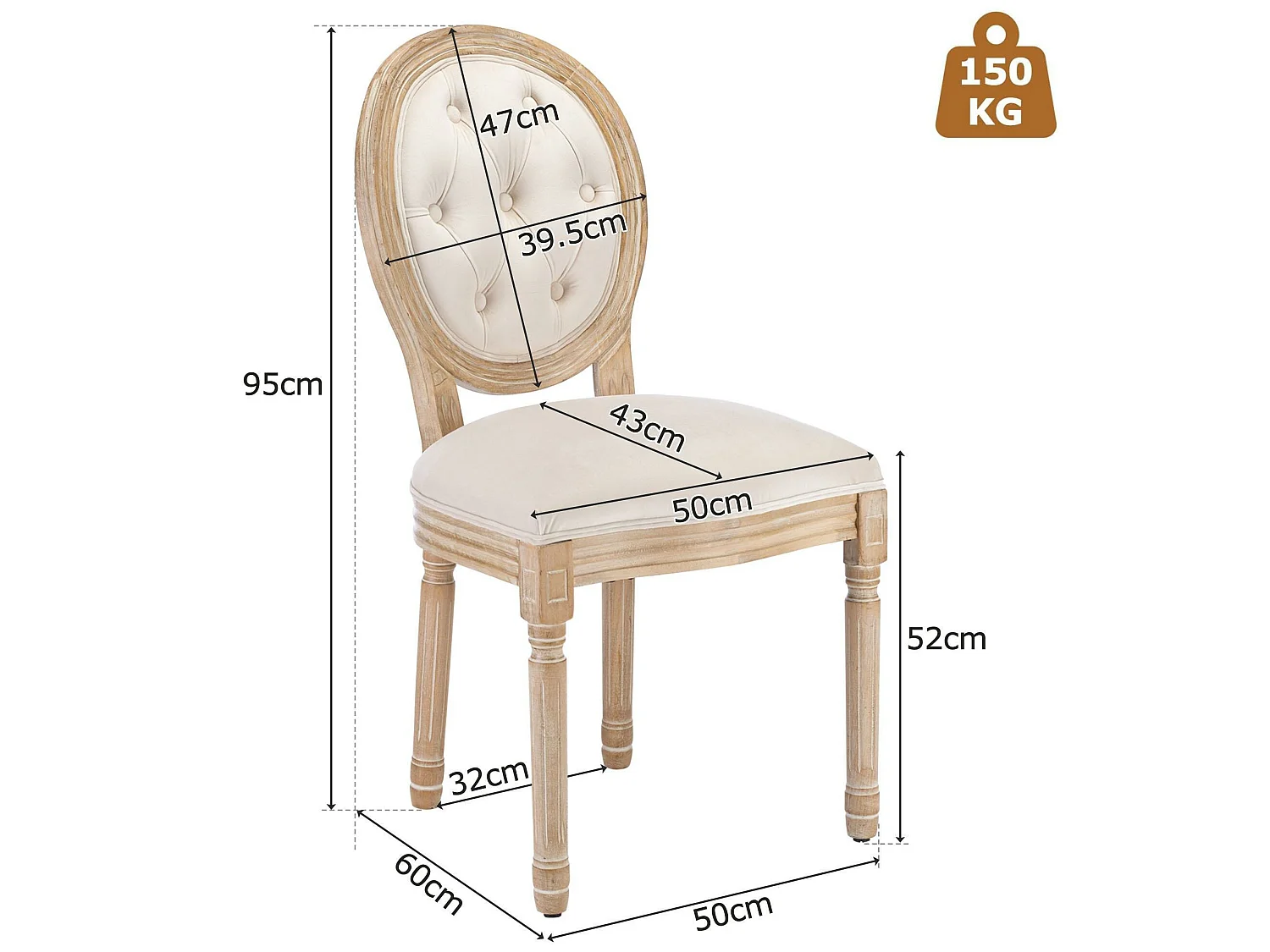Lot de 6 chaises en velours avec boutons capitonnés - cadre en bois massif - Beige