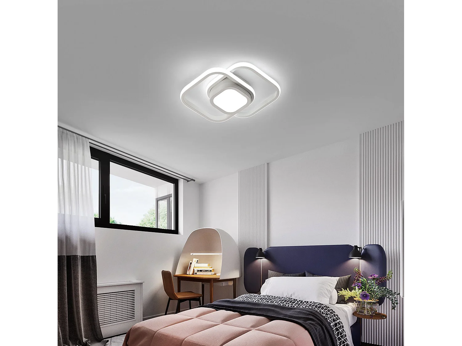 Plafonnier led moderne carré, 33*24*6, blanc, 32w 2500lm, pour salon, lumière blanc froid