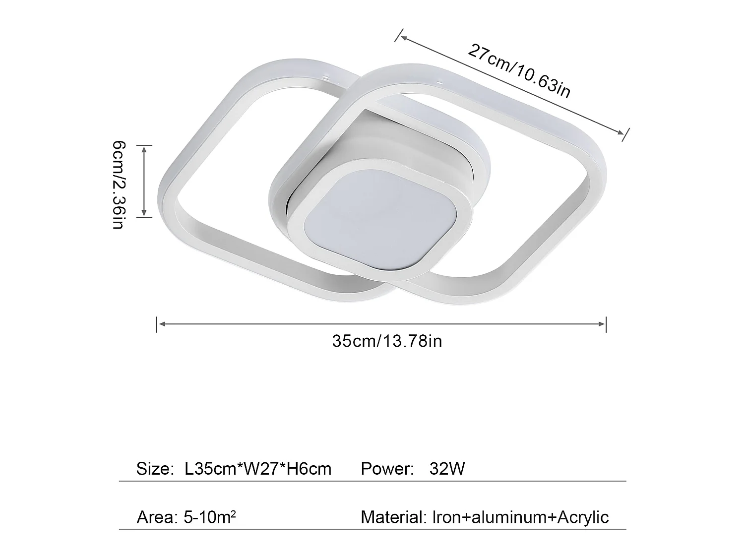 Plafonnier led moderne carré, 33*24*6, blanc, 32w 2500lm, pour salon, lumière blanc froid