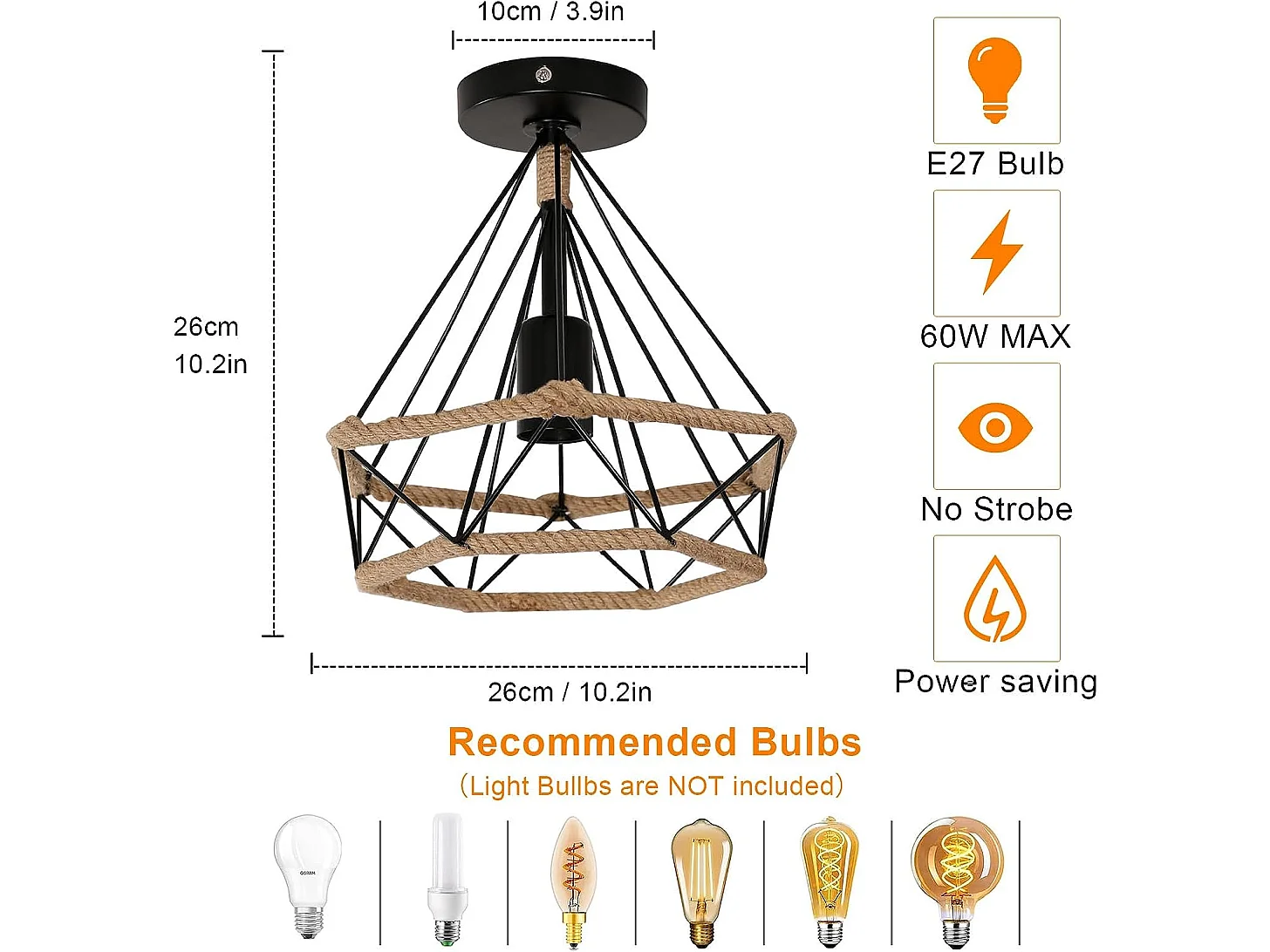 Vintage-Industrie-Diamant-Deckenleuchte – Diamantform, 26 x 26 x 26 cm, Schwarz, Eisen, ohne E27-Glühbirne
