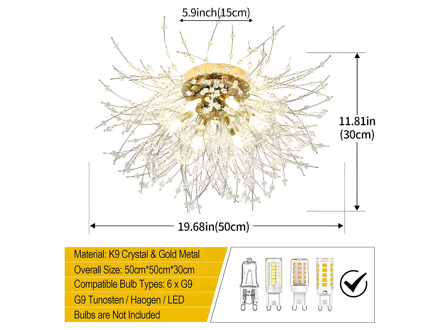 Luce a soffitto a LED in cristallo moderno k9 soggiorno 6 luci lampadina g9 50 * 50 * 30 cm per la camera da letto soggiorno