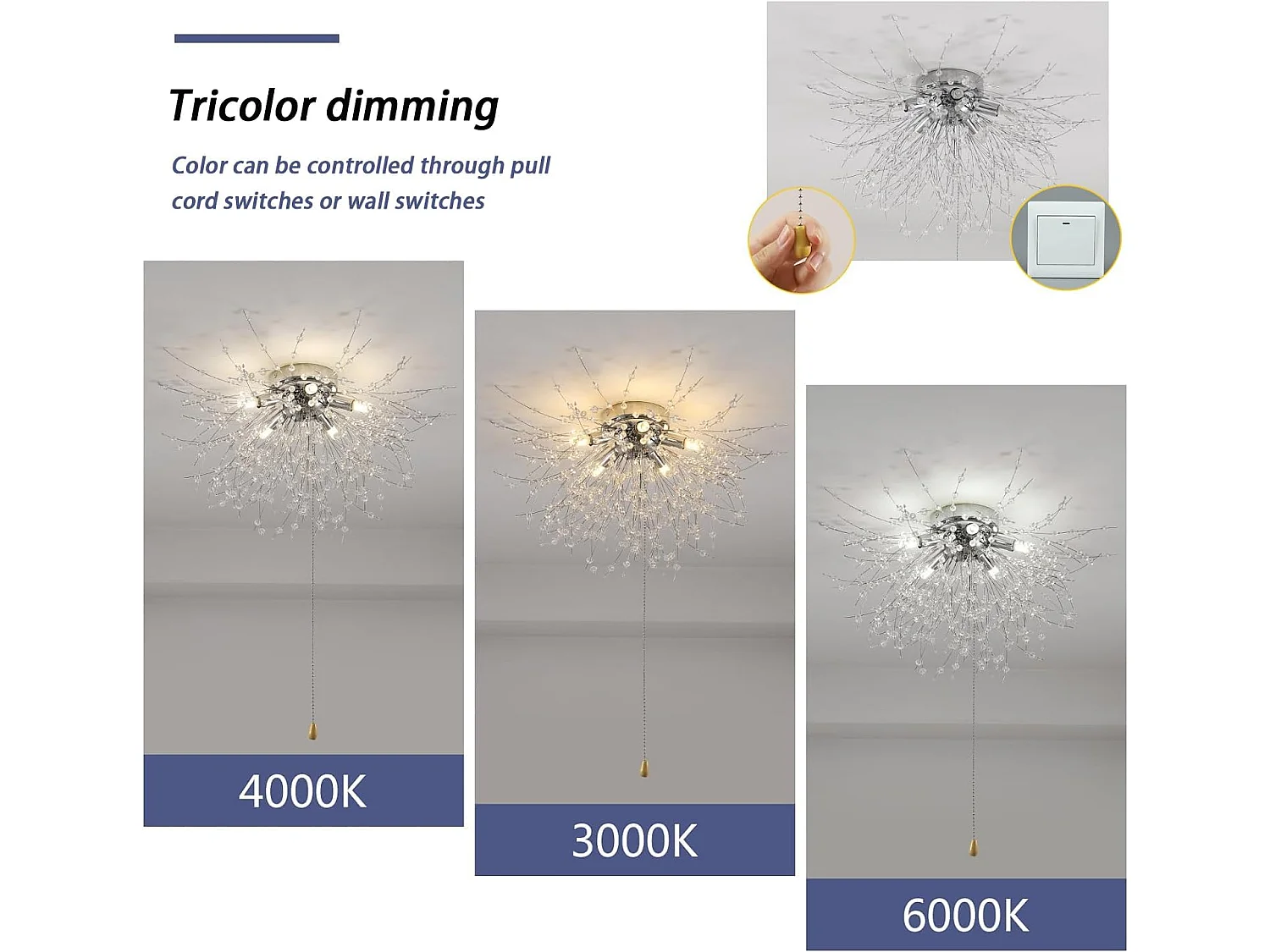 KRISTALL-LED-Deckenleuchte, moderne Feuerwerk-Kronleuchter, dimmbare Deckenleuchte 3000K-6500K TRICOLOR LICHT FÜR SCHLAFZIMMER