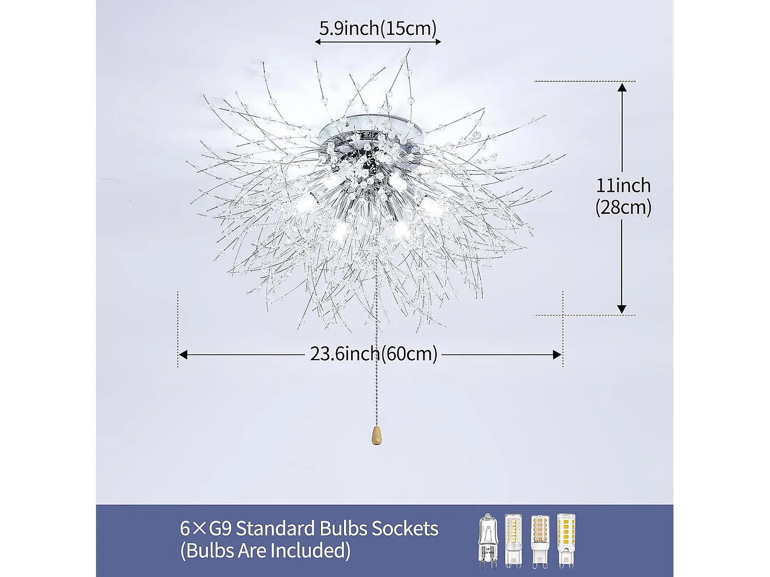Plafonnier led moderne - argenté - 60*28cm - en k9 cristal - 6 lumière - interrupteur à cordon