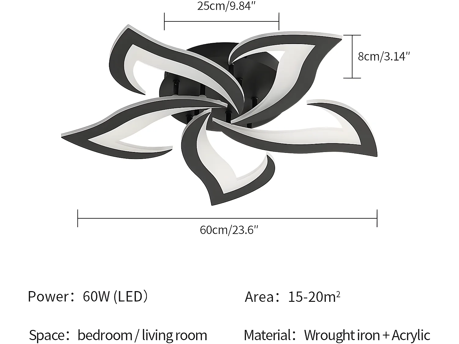 Plafonnier led moderne de pétale, noir, 60*60*8cm, 60w 4500lm, en métal, pour chambre