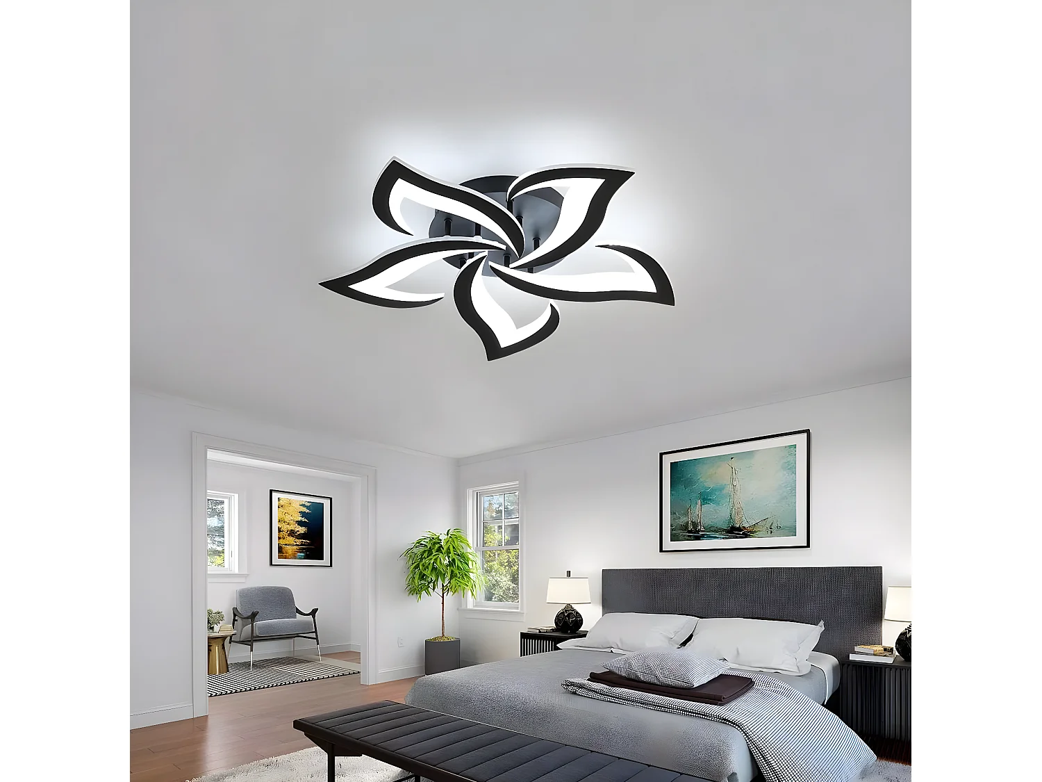 Plafonnier led moderne de pétale, noir, 60*60*8cm, 60w 4500lm, en métal, pour chambre