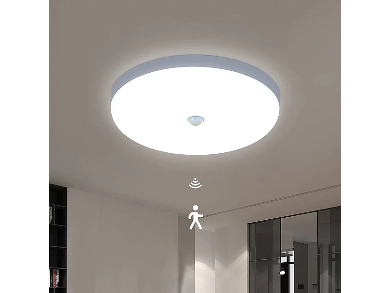 Plafonnier led avec détecteur de mouvement moderne, 24.8*24.8*4cm, blanc, 30w 6600k