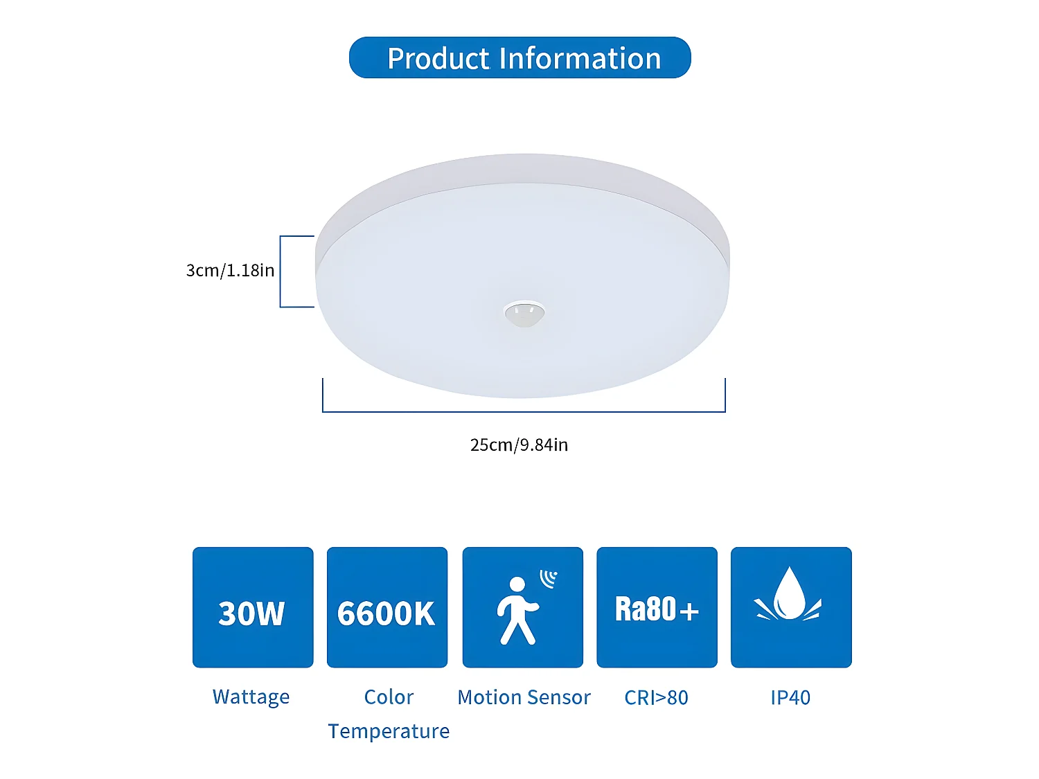 Plafonnier led avec détecteur de mouvement moderne, 24.8*24.8*4cm, blanc, 30w 6600k
