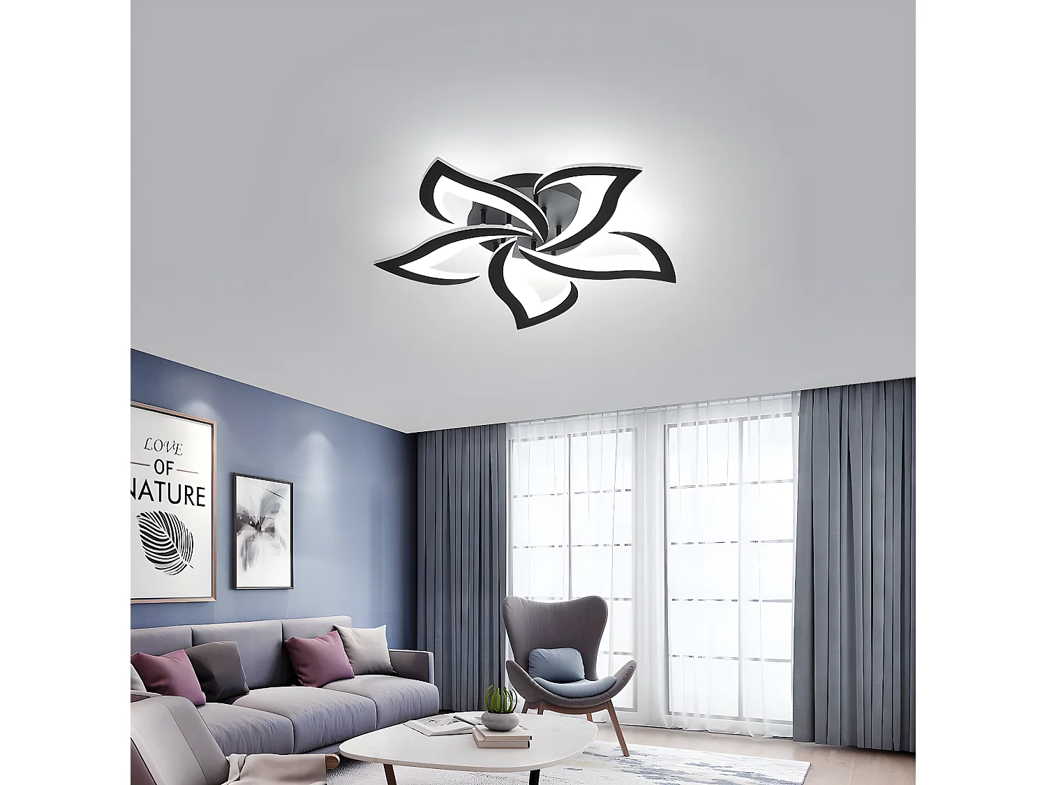 Plafonnier led moderne dimmable à 5 têtes - noir - 60*60*8cm - 41W- avec télécommande