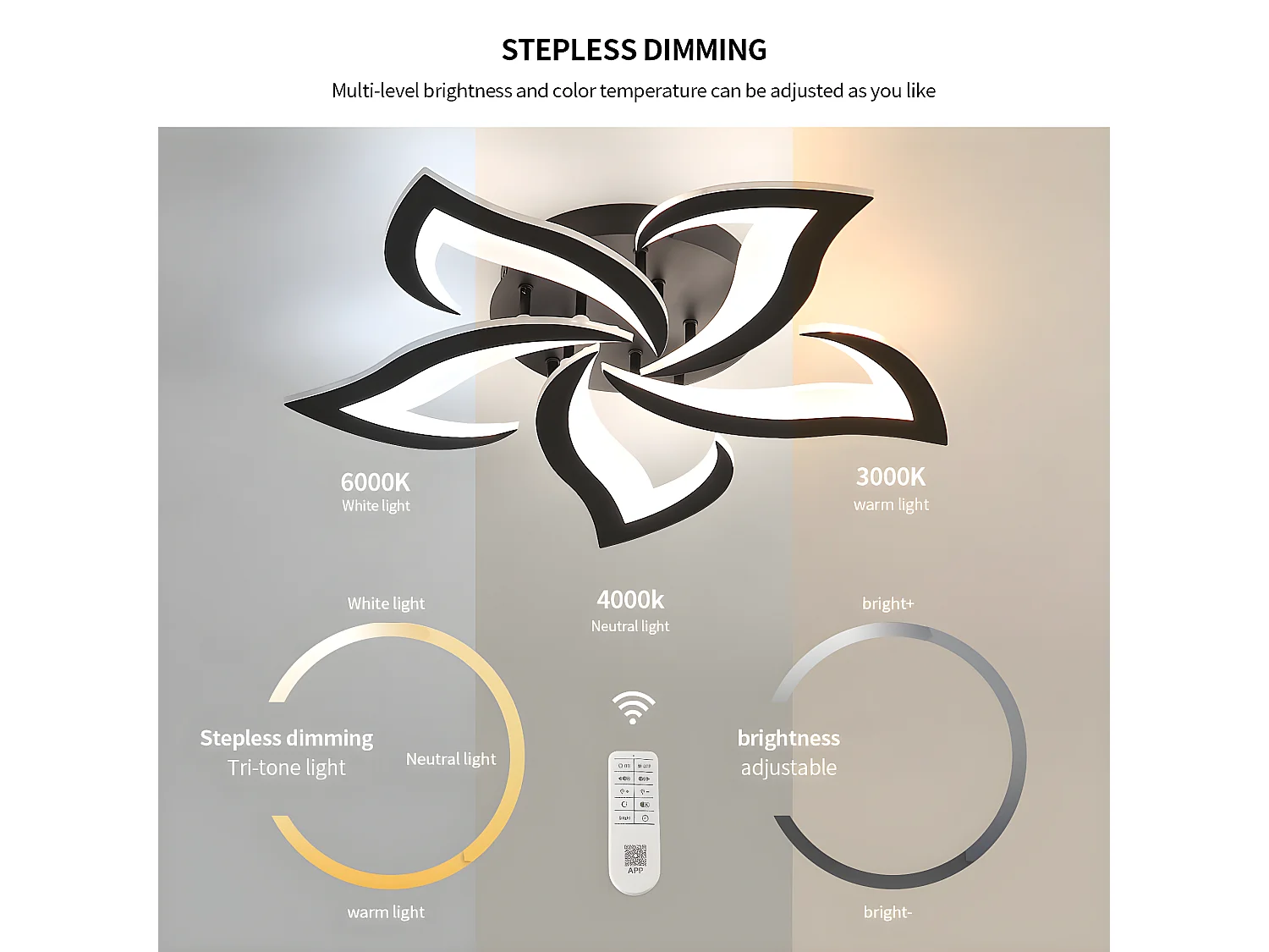 Plafonnier led moderne dimmable à 5 têtes - noir - 60*60*8cm - 41W- avec télécommande