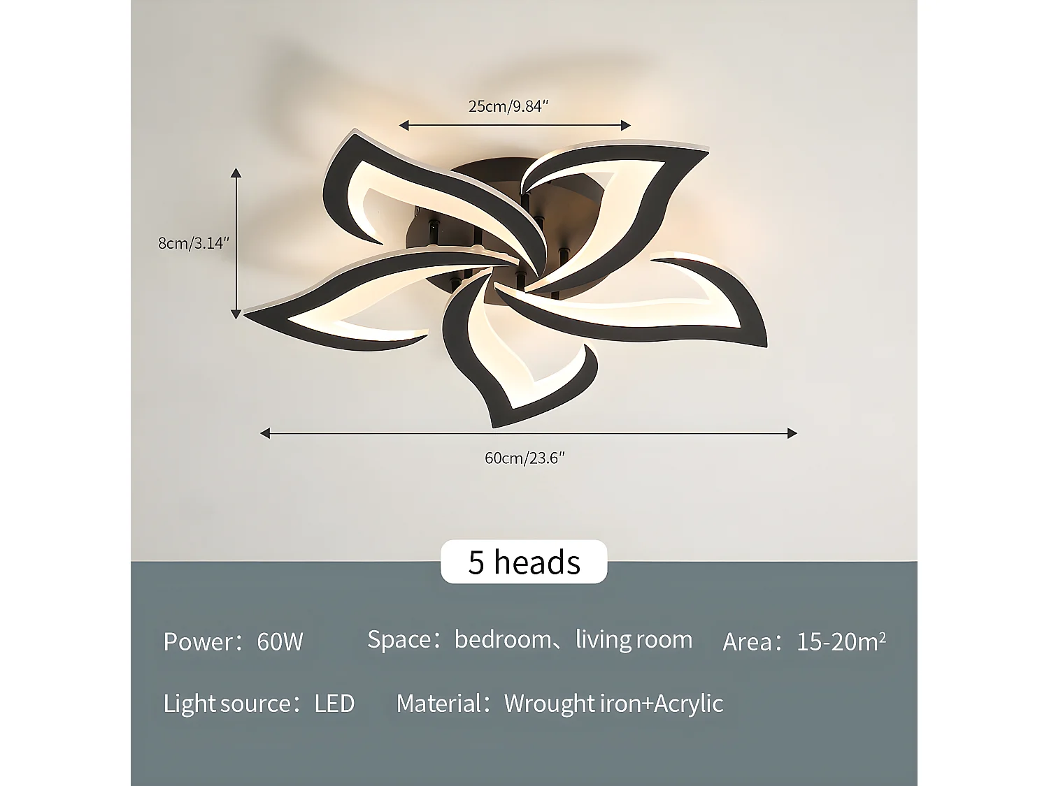 Plafonnier led moderne dimmable à 5 têtes - noir - 60*60*8cm - 41W- avec télécommande