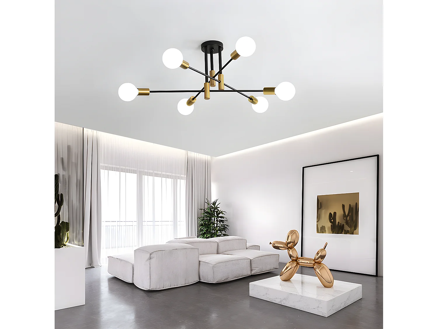 Plafonnier rétro industriel, noir, 72*72*32, 6 lumières, pour salon chambre, sans ampoule