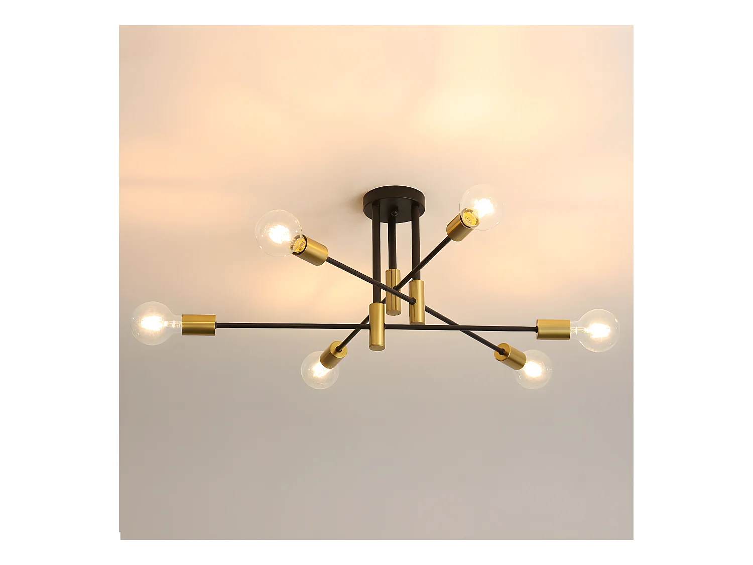 Plafonnier rétro industriel, noir, 72*72*32, 6 lumières, pour salon chambre, sans ampoule