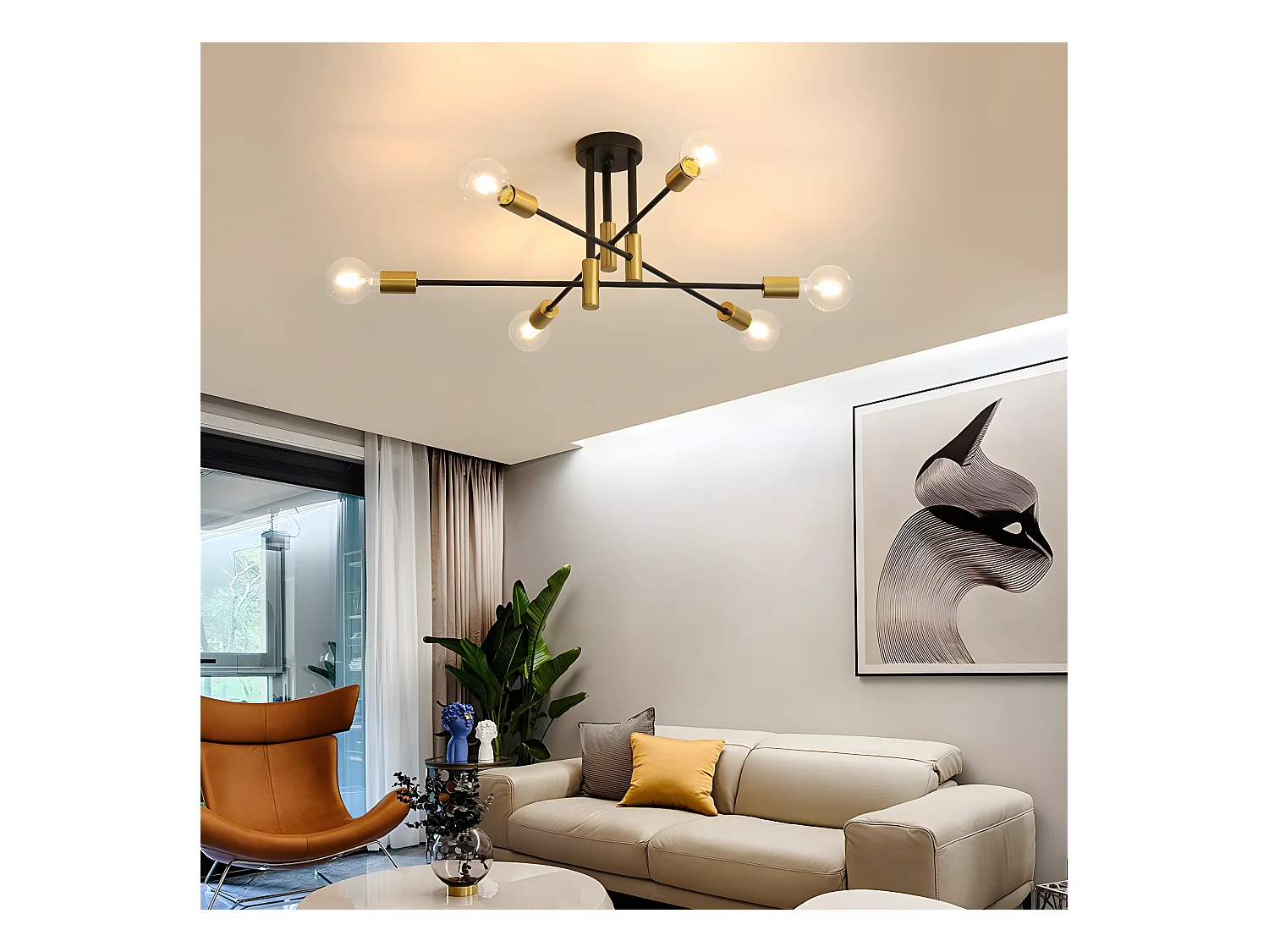 Retro industrieel plafondlicht, zwart, 72*72*32, 6 lichten, voor slaapkamer woonkamer, zonder bol