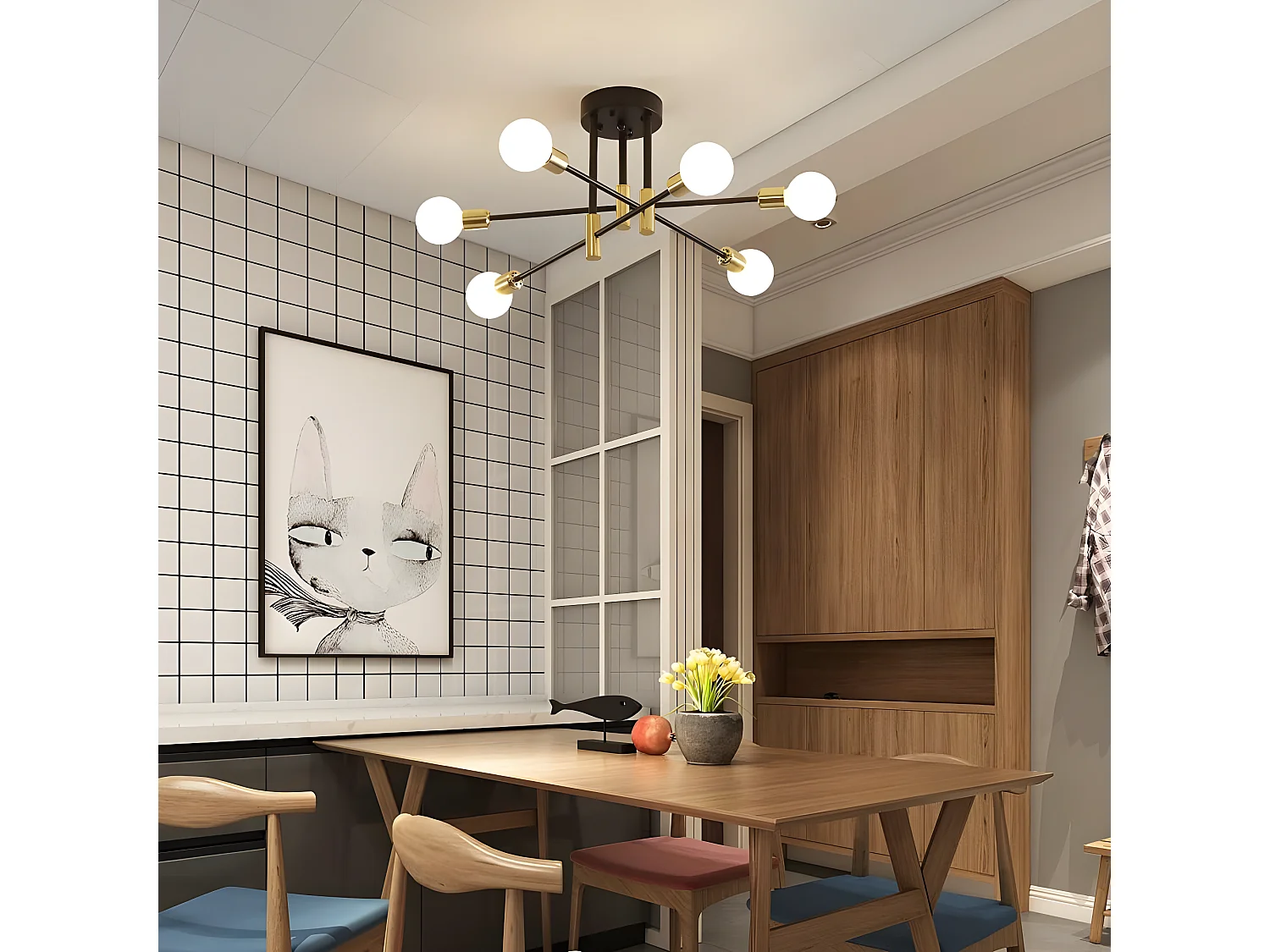 Retro industrieel plafondlicht, zwart, 72*72*32, 6 lichten, voor slaapkamer woonkamer, zonder bol